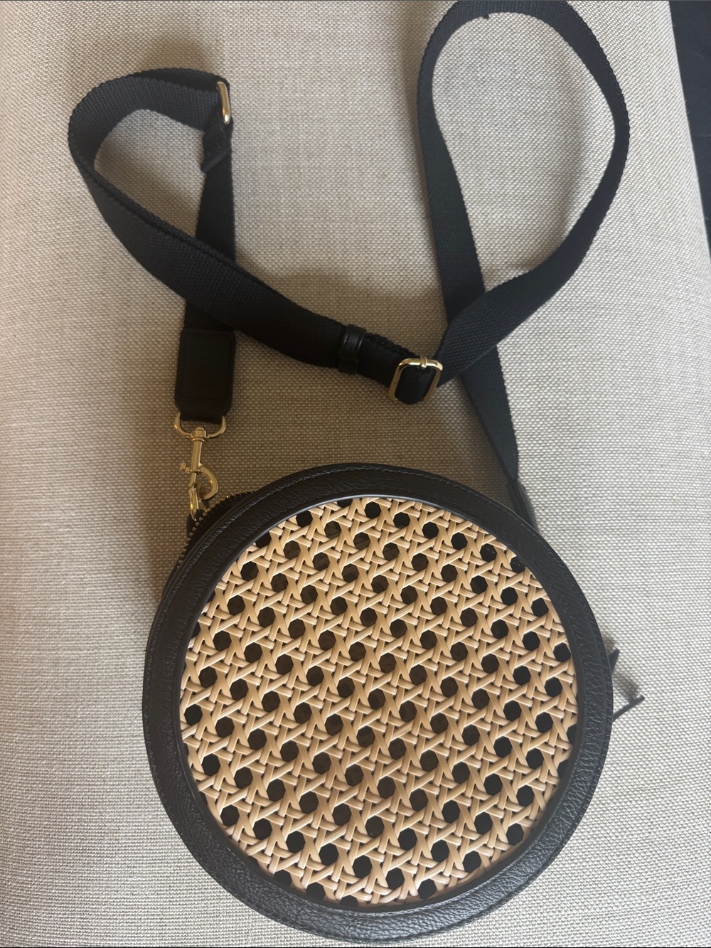 Round Black and Natural Woven Crossbody Bag
